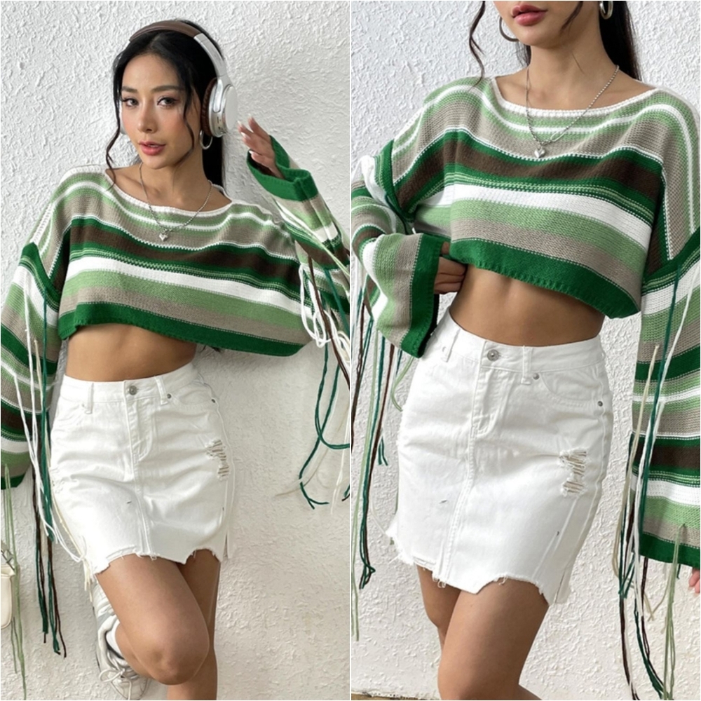 Fringe Fiesta Cropped Knit Top - Green